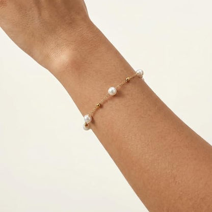 18K Gold Plated Pearl Beaded Cross Bracelets for Women Adjustable Stainless Steel Dainty Thin Gold Box Cuban Twisted Link Chain Bracelet Bridesmaid Jewelry Gifts - color: Multi Pearls Beads-Gold