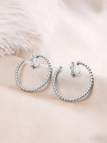 FAN&LOUIS 24K Gold Plated Hoop Clip On Earrings for Women, Gold Beaded Hoop Trendy Hypoallergenic Non Pierced Earrings Painless Lightweight 38mm Clip-On Earrings - style: Silver