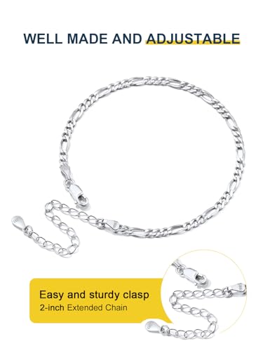 ChainsPro Resizable Anklet Chain for Women Men, Figaro/Wheat/Twist Rope/Cuban Foot Bracelet-Strong with Good Clasp-18K Gold Plated(Send Gift Box) - color: 05:Silver Figaro-3mm