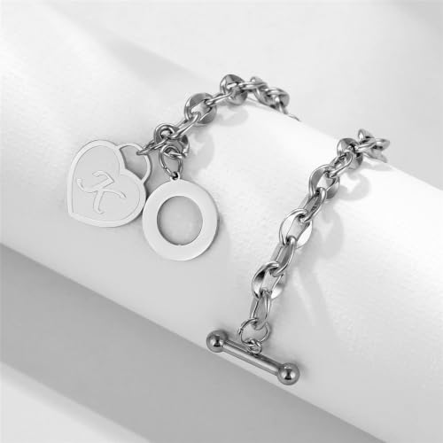 Initial Heart Charm Bracelets for Women 14K gold/Silver Tone Stainless Steel OT Clasp Heart A-Z Letter Name Bangle Bracelet Gifts - color: X