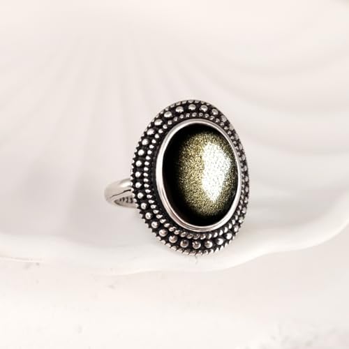 Natural Oval Stone Boho Ring,Retro Antique S925 Sterling Silver Crystal Quartz Gemstone Bohemian Statement Handmade Ring Jewelry for Women Her - color: B11_Black Obsidian