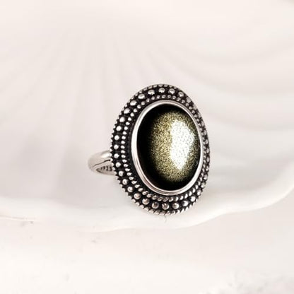 Natural Oval Stone Boho Ring,Retro Antique S925 Sterling Silver Crystal Quartz Gemstone Bohemian Statement Handmade Ring Jewelry for Women Her - color: B11_Black Obsidian