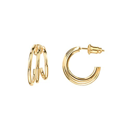 PAVOI 14K Gold Plated Multi Huggie Hoop Earrings for Women - 925 Sterling Silver Posts Triple Split Hoop Gold Earrings for Women - Trendy Fashion Jewelry - style: Triple