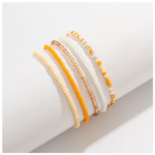 5Pcs Summer Beach Bead Anklet Bracelet,Multi-layered Pearl Anklets,Bikini Foot Chain Bracelet Wedding Bridal Adjustable Leg Bracelet Jewelry for Women Girls - style: Yellow