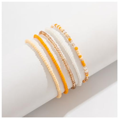 5Pcs Summer Beach Bead Anklet Bracelet,Multi-layered Pearl Anklets,Bikini Foot Chain Bracelet Wedding Bridal Adjustable Leg Bracelet Jewelry for Women Girls - style: Yellow