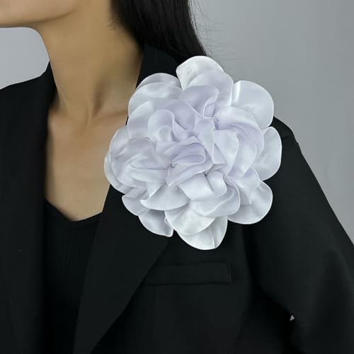 Dainty Satin Fabric Rose Flower Brooches 7.5in Extra Large Big Camellia Flower Brooches Lapel Pins for Women Wedding Party Dance Dress Clothes Accessories - color: White