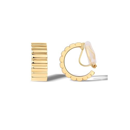 FAN&LOUIS Gold Silver Clip On Hoop Earrings, 14K Chunky Gold Small Hoops Lightweight Clip-On Earrings for Women Trendy│Chic Boho Ribbed Croissant Scallop Statement Clip Earrings Teen Gifts - style: Gold