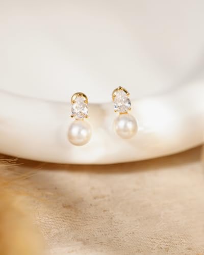Pearl Earrings for Women Trendy Dainty Wedding Earring 14K Gold Plated/Silver Plated Dainty Cute Drop Dangle Pearl Earrings Studs Hypoallergenic CZ Diamond Wedding Earrings for Brides Prom Jewelry Gift for Women - color: 02.Gold drop