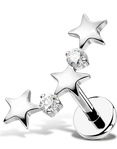 OUFER Body Piercing Star Helix Piercing Jewelry 18G Helix Earrings for Women 318L Stainless Steel Internally Thread Conch Helix Stud Flat Back Cartilage Earring for Women - color: Silver-Clear CZ, size: 1.0*6mm