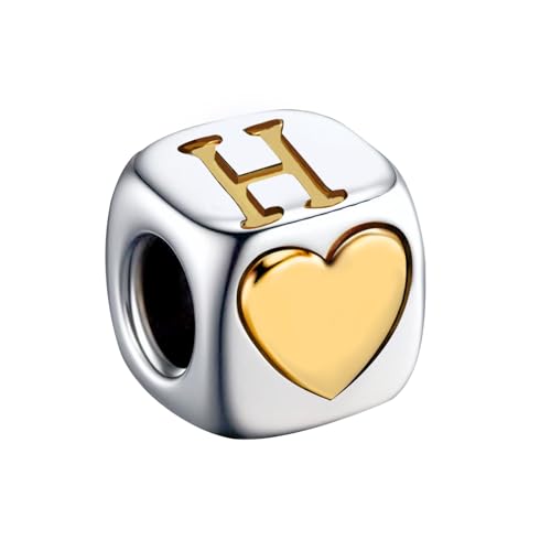 KunBead Initial A-Z Letter Gold Heart Alphabet Love Bead Birthday Charms Compatible with Pandora Charm Bracelet for Women - style: Letter H