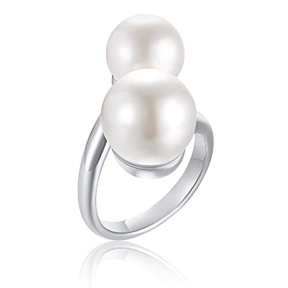 Hisatan Double Simulated Pearl Wrap Ring: gold plated Stainless Steel Large Statement Ring for Women - color: Silver-Size 7