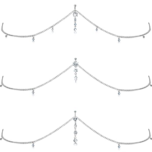 Hicarer 3 Pieces Crystal Belly Ring with Chain Rhinestone Waist Body Chain Bikini Belly Jewelry Beach Accessories Jewelry for Women Adults - color: silver, style: Attractive Style