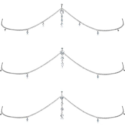 Hicarer 3 Pieces Crystal Belly Ring with Chain Rhinestone Waist Body Chain Bikini Belly Jewelry Beach Accessories Jewelry for Women Adults - color: silver, style: Attractive Style