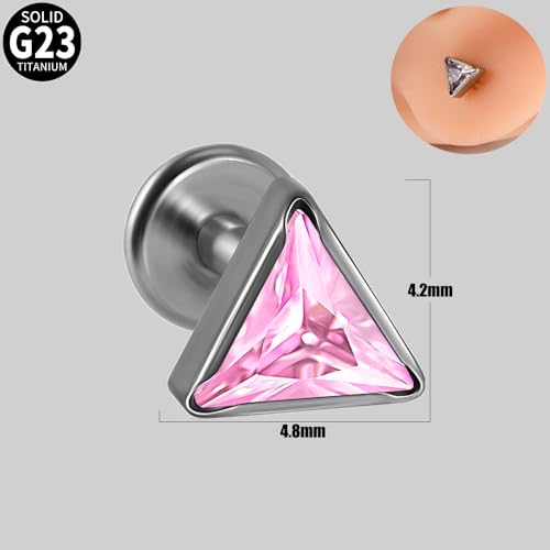 16G Triangle Cubic Zirconia Cartilage Stud Earrings for Women Men G23 Titanium Conch Helix Tragus Studs Earrings Lip Studs Rings Labret Monroe Medusa Piercing Jewelry - color: Pink