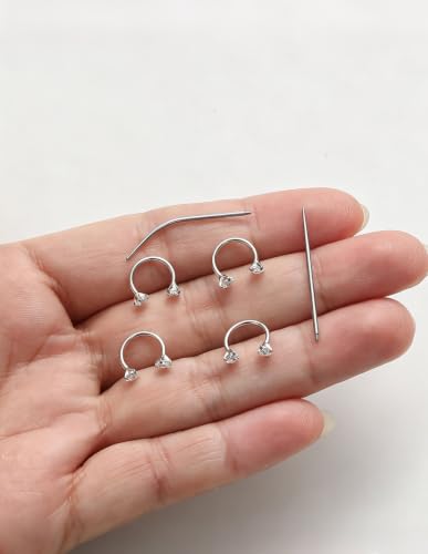 Akeoqi Horseshoe Nose Ring 20G 316L Surgical Steel Double CZ Internally Threaded Cartilage Helix Tragus Earrings for Women Men Septum Nostril Lip Eyebrow Piercing 8MM Gold Silver Plated - color: Silver-20G-8MM-White Clear CZ