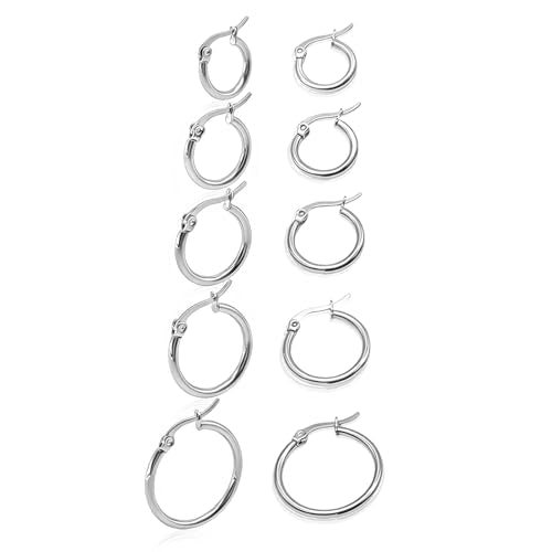 5 Pairs Silver Gold Small Hoop Earrings for Women Surgical Steel Huggie Set | 10 12 14 16 20 mm, Lightweight, Hypoallergenic, 14K Gold Plated 316L Stainless Steel Jewelry, Multiple Piercing - color: Silver/5 Pairs