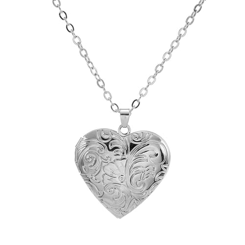 Engraved Flower Empaistic Geometric Photo Locket Necklace Gold Silver Plated Vintage Antiqued Carved Pattern Oval Round Hold Pictures Pendant Necklace for Men Women Souvenir Memorial Fashion Jewelry Gifts - color: Silver heart