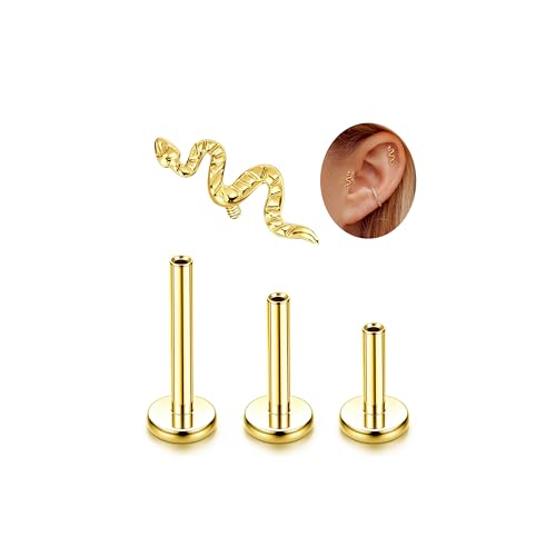 LOLIAS 16G G23 Titanium Tragus Conch Helix Piercing Jewelry 6mm 8mm 10mm - Internally Threaded Flat Back Stud Cartilage Earrings Hypoallergenic Forward Earlobe Labret Tragus Piercing Jewelry - color: Snake-14K Gold