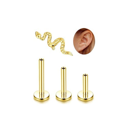 LOLIAS 16G G23 Titanium Tragus Conch Helix Piercing Jewelry 6mm 8mm 10mm - Internally Threaded Flat Back Stud Cartilage Earrings Hypoallergenic Forward Earlobe Labret Tragus Piercing Jewelry - color: Snake-14K Gold