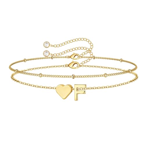 M MOOHAM Initial Bracelets for Women Teen Girls - Heart Letter A-Z Bracelet | Dainty 14K Gold Plated Jewelry, Heart Initial Bracelet, Bracelets for Women Girls Trendy, Birthday Gifts for Women Girls Her - color: Gold - F