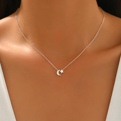 925 Sterling Silver Dainty Moon Star Necklace For Womem | 14k Gold Plated Charm Crescent Moon and Star Pendant Choker Necklaces to Daughter Mother Jewelry Gift for Birthday Wedding - color: Silver