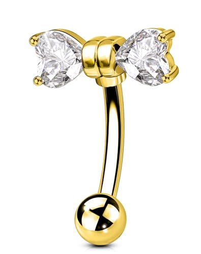 OUFER 16G Rook Earring Piercing Jewelry-316L Surgical Steel Pink Clear CZ Bow Eyebrow Rings, 6/8MM Curved Barbell Vertical Labret Lip Piercing Jewelry - color: Gold