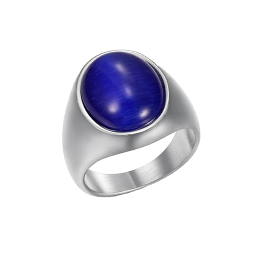 Men's Oval Blue Green Cat Eye Stone Signet Ring | Matte Silver Stainless Steel Band, Classic Vintage Cabochon Gem Jewelry - color: Blue