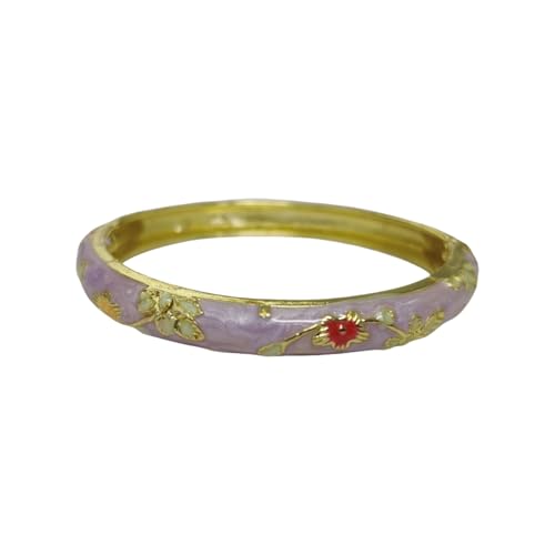 Cloisonne Bracelet For Women, Chunky Bangle Trendy Cute Flower Enamel Bangles Multi Tone Engraved Cuff Gold Plated Bracelets Stackable Wife Jewelry Friendship Gift - color: Light Purple