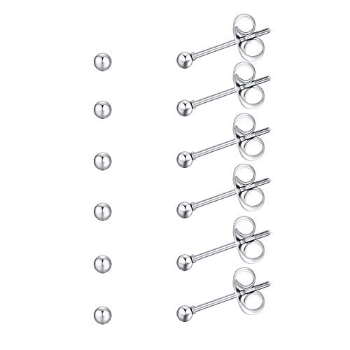 FOSIR 6 Pair Tiny Women 14K Gold Plated Ball Stud Earrings Surgical Stainless Steel Earrings Set, 2-6MM - style: silver-6pair,2mm