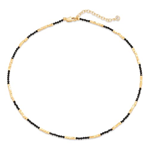 MTMY Beaded Gemstone Choker Necklace for Women | 14K Gold Plated, Colorful Natural Stone, Bead Chain, Boho Summer Beach, Handmade Jewelry - color: Black Spinel