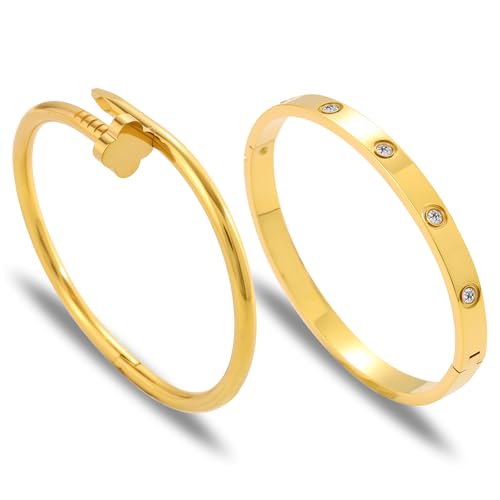 Gold Bangle Bracelets for Women -2PCS Friendship & Love Bangle Bracelet Clover Nail Bracelet Stack Set Trendy Non-Tarnish Stainless Steel Jewelry Gifts for Mom Wife Her - color: Gold-A