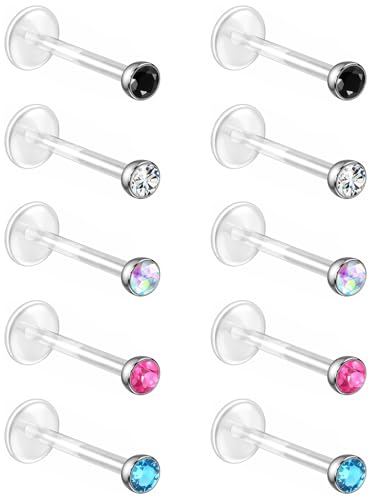 Bioflex Labret Plastic Lip Piercing Jewelry for Monroe, Medusa, Ashley and Cartilage Piercings, Tragus, Conch, Helix, Daith - 16g Clear Post Studs with Push-In CZ Crystals - color: Jet, Clear, AB, Rose, Aqua, size: 12mm