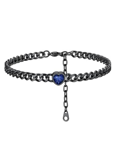 ChainsHouse Cuban Chain Anklets for Women with Heart Birthstone Jan - Dec | Stainless Steel Black Link Chain Ankle Bracelet with Birthstone, Beach Women Anklet 22cm-27cm Adjustable, with Gift Box - color: 09. Sep.-Sapphire-Black