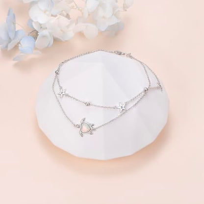 Anklets for Women 925 Sterling Silver Blue Evil Eye Infinity Butterfly Adjustable Multilayer Layered Summer Beach Ankle Bracelet Foot Chain Jewelry for Women - style: Sea Turtle 2