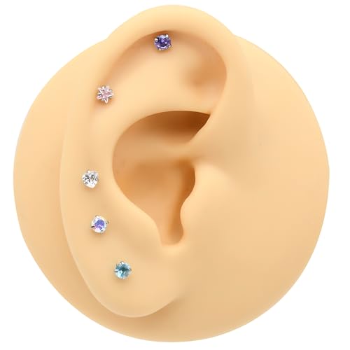 6-Piece Nose Piercing Studs Set, 20G Stainless Steel Nose Studs, 3mm Crystal Heart Star Round Shapes, 0.8x7mm Bone - color: AB Color