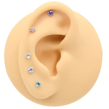 6-Piece Nose Piercing Studs Set, 20G Stainless Steel Nose Studs, 3mm Crystal Heart Star Round Shapes, 0.8x7mm Bone - color: Red