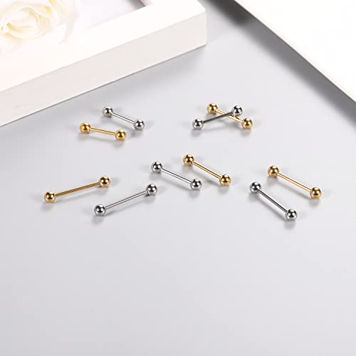 GAGABODY 5 Pairs Nipple & Tongue Rings - 14G Surgical Steel Screw Barbell - Straight, 12mm-20mm - color: Silver+Gold