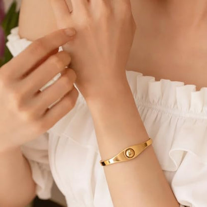 PCY 14K Gold Plated Stainless Steel Oval Bangle Bracelets for Women - 5 Styles Available S/M/L - size: Small