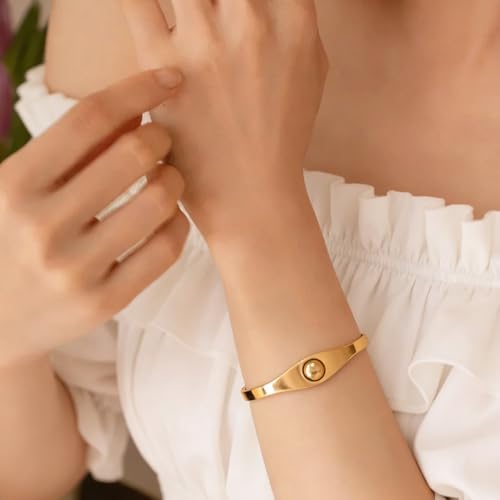 PCY 14K Gold Plated Stainless Steel Oval Bangle Bracelets for Women - 5 Styles Available S/M/L - size: Medium