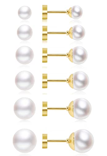Dainty Flat Back Pearl Earrings for Women, 6 Pairs Flatback Pearl Earrings in 14K Gold Silver 3-8MM Studs Earring Sets for Multiple Piercing Hypoallergenic - style: 14K Gold - 3mm/4mm/5mm/6mm/7mm/8mm Pearl Earrings