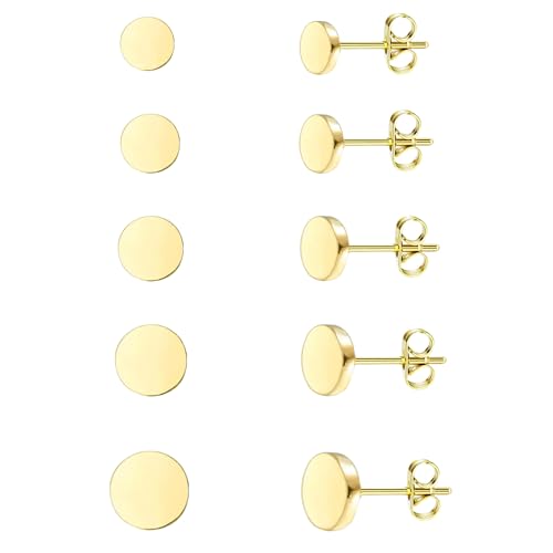 JINERA 5 Pairs Stud Earrings for Women 14K Plated Gold/Silver Pearl Ball Small Stud Earrings Set Cartilage Piercing Hypoallergenic Lightweight Flatback Earrings Jewelry Gifts for Women - color: 5 Pairs Round Stud Earrings - Gold