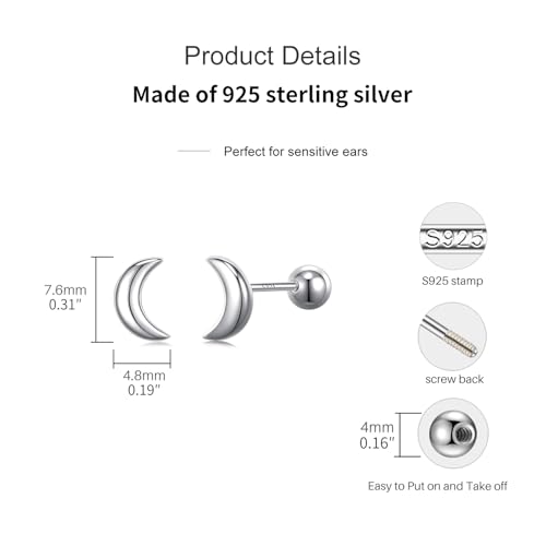 JSGEMSLEE Hypoallergenic 925 Sterling Silver Stud Earrings for Women With Screw Back Small Butterfly Heart Flower Earrings for Girls Tragus Cartilage Jewelry Gifts - color: moon