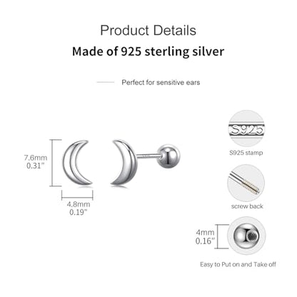 JSGEMSLEE Hypoallergenic 925 Sterling Silver Stud Earrings for Women With Screw Back Small Butterfly Heart Flower Earrings for Girls Tragus Cartilage Jewelry Gifts - color: moon