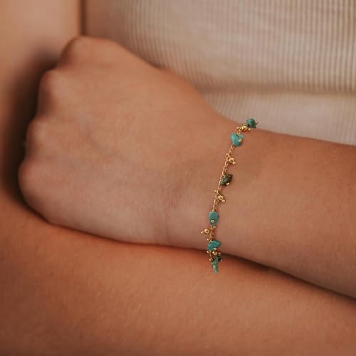 Gold Chain Bracelet for Women, 14K Gold Plated | Dainty Bracelets with Adjustable Chain, Trendy Jewelry Gift for Women - style: beads turquoise
