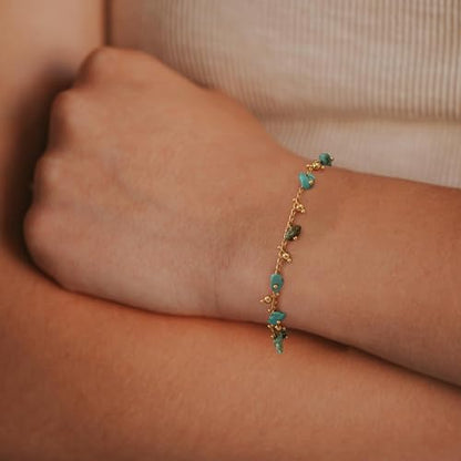 Gold Chain Bracelet for Women, 14K Gold Plated | Dainty Bracelets with Adjustable Chain, Trendy Jewelry Gift for Women - style: beads turquoise
