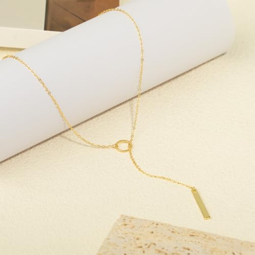 Lariat Necklace for Women, Dainty 14K Gold/Silver Plated Long Necklaces for Women Trendy Simple Layered Y-Shaped Pendant Necklace Adjustable Fashion Jewelry Gift - color: Gold, style: Bar Pendant
