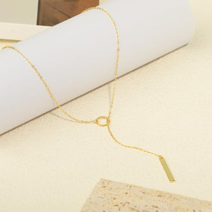 Lariat Necklace for Women, Dainty 14K Gold/Silver Plated Long Necklaces for Women Trendy Simple Layered Y-Shaped Pendant Necklace Adjustable Fashion Jewelry Gift - color: Gold, style: Bar Pendant