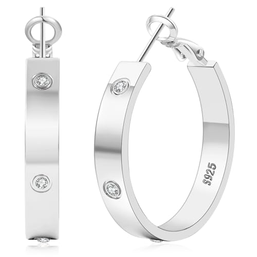 5MM Wide 925 Sterling Silver Post Hoop Earrings Hypoallergenic Lightweight | Sparkly 14K Gold Plated Large Rhinestone Hoop Earrings Big Cubic Zirconia Earring Hoops for Sensitive Ears 30/40/50/60/70MM - color: 30mm Silver