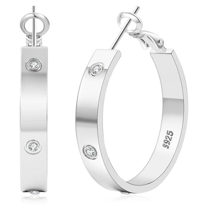 5MM Wide 925 Sterling Silver Post Hoop Earrings Hypoallergenic Lightweight | Sparkly 14K Gold Plated Large Rhinestone Hoop Earrings Big Cubic Zirconia Earring Hoops for Sensitive Ears 30/40/50/60/70MM - color: 30mm Silver