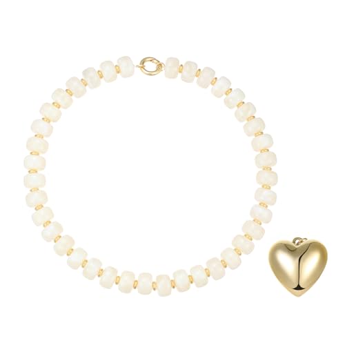Chunky Heart Necklaces for Women Colorful Resin Beaded Necklaces for Women Gold Puffy Heart Statement Necklace Trendy Acrylic Choker Jewelry Gift - color: B-White